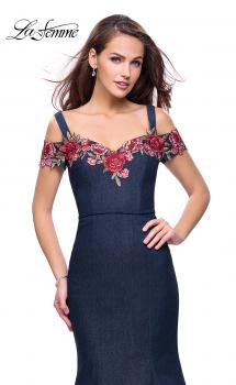 Picture of: Denim Off the Shoulder Dress with Floral Applique in Dark Wash, Style: 25753, Main Picture