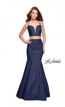 Picture of: Two Piece Denim Prom Dress with Beaded Straps in Dark Wash, Style: 25754, Main Picture