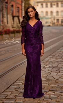 Picture of: Chic Stretch Lace Evening Dress with Ruching and V Neckline in Eggplant, Style: 32491, Main Picture