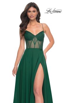 Picture of: Chiffon Gown with Illusion Bustier Top and Lace Up Back in Green, Style: 32296, Main Picture