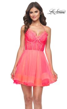 Picture of: Short Dress with Flared Skirt and Sheer Lace Bodice in Hot Coral in Hot Coral, Style: 31469, Main Picture