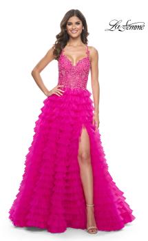 Picture of: Neon Ruffle Tulle Prom Gown with Illusion Lace Bodice and High Slit in Hot Fuchsia, Style: 32334, Main Picture