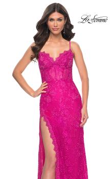 Picture of: Scallop Detail Lace Fitted Prom Dress with Illusion Bodice in Pink, Style: 32441, Main Picture