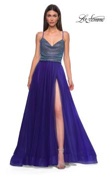 Picture of: A-line Tulle Gown with Draped Mesh Rhinestone Bodice in Indigo , Style 32838, Detail Picture 5