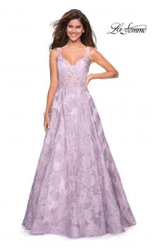 Picture of: Floral A Line Dress with Sheer Bodice and V Back in Lavender, Style: 27505, Main Picture