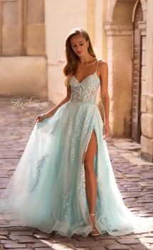 Picture of: A-line Prom Dress with Beaded Floral Applique and Corset Top in Light Blue, Style: 32810, Main Picture