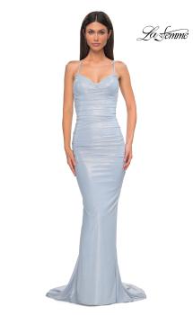 Picture of: Ruched Long Metallic Gown with Low Back and Criss Cross Straps in Light Blue, Style 32973, Main Picture