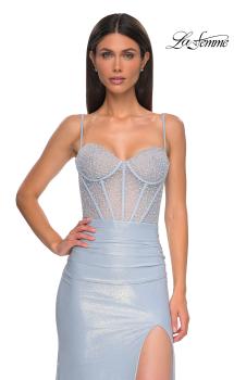 Picture of: Pearl and Rhinestone Detail Corset Top with Metallic Skirt Dress in Light Blue, Style 33003, Detail Picture 7