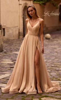 Picture of: Stunning Metallic Chiffon Gown with Ruched Bodice and Slit in Light Gold, Style: 32864, Main Picture