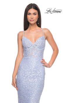 Picture of: Beaded Lace Long Dress with Illusion Bodice in Light Periwinkle, Style: 32434, Main Picture