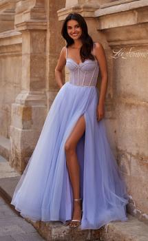 Picture of: Tulle A-line Prom Dress with Rhinestone Detail on Corset Top in Light Periwinkle, Style 32675, Main Picture