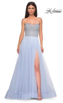 Picture of: Beautiful A-line Tulle Prom Dress with Pearl and Rhinestone Bodice in Light Periwinkle, Style 32875, Detail Picture 5