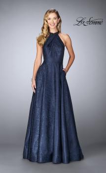 Picture of: Gathered Halter Neck Dress with Patterned A-line Skirt in Navy, Style: 24888, Main Picture