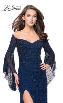 Picture of: Beaded Prom Dress with 3/4 Bell Sleeves and Leg Slit in Navy, Style: 25717, Main Picture
