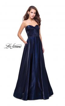 Picture of: Long Strapless Satin A-line Prom Dress with Pockets in Navy, Style: 26340, Main Picture