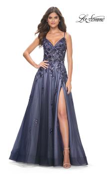 Picture of: Two Tone A-Line Tulle Gown with Ruching and Sequin Lace Detail in Navy, Style: 32185, Main Picture