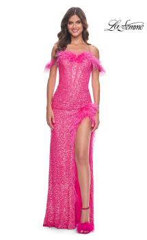 Picture of: Sequin Bustier Dress with Off the Shoulder Feather Lined Top and Slit in Neon Pink, Style: 32150, Main Picture