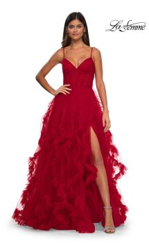 Picture of: Ruffle Tulle Dress with Unique Skirt and Illusion Corset Bodice in Red, Style: 32719, Main Picture