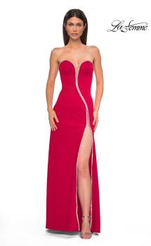 Picture of: Fabulous Jersey Dress with Rhinestones Lining the Top and HIgh Slit in Red , Style 32854, Detail Picture 5