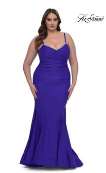 Blue Picture of: Chic Plus Size Dress with Ruching and Rhinestone Neckline Detail in Royal Blue, Style: 33057, Main Picture