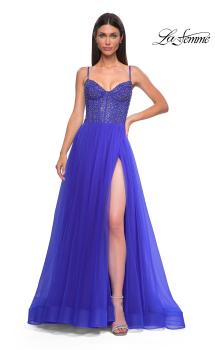 Picture of: Beautiful A-line Prom Dress with Rhinestone Encrusted Corset Top in Royal Blue, Style 32754, Detail Picture 9