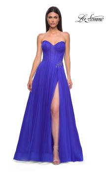 Picture of: Strapless A-line Tulle Dress with Floral Waist Detail in Royal Blue, Style 32789, Detail Picture 5