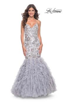 Picture of: Mermaid Beaded Floral Gown with Ruffle Detailed Skirt in Silver, Style: 32105, Main Picture