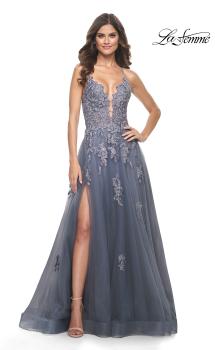 Picture of: Tulle A-line Dress with Jeweled Lace Appliques and Slit in Slate, Style: 31472, Main Picture