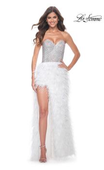 Picture of: Feather Prom Gown with High Slit and Full Rhinestone Strapless Bodice in White Feather, Style: 32165, Main Picture