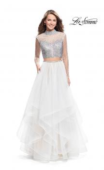 Picture of: Long Sleeve Two Piece Dress with Tulle Ruffle Skirt in White, Style: 25555, Main Picture