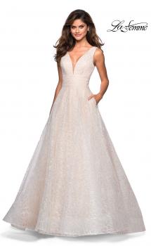 Picture of: Sequin Print Ball Gown with Deep V and Pockets in White, Style: 27323, Main Picture