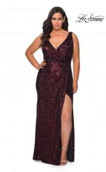 Picture of: Sequin Plus Size Prom Gown with Ruching and V-neck in Wine, Style: 29046, Main Picture