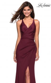 La Femme 28389 Off the retailer Shoulder Ruched Slit Jersey Dress, 4