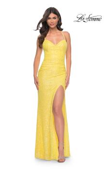 Picture of: Stretch Sequin Fitted Prom Dress with Open Back in Yellow, Style: 32330, Main Picture
